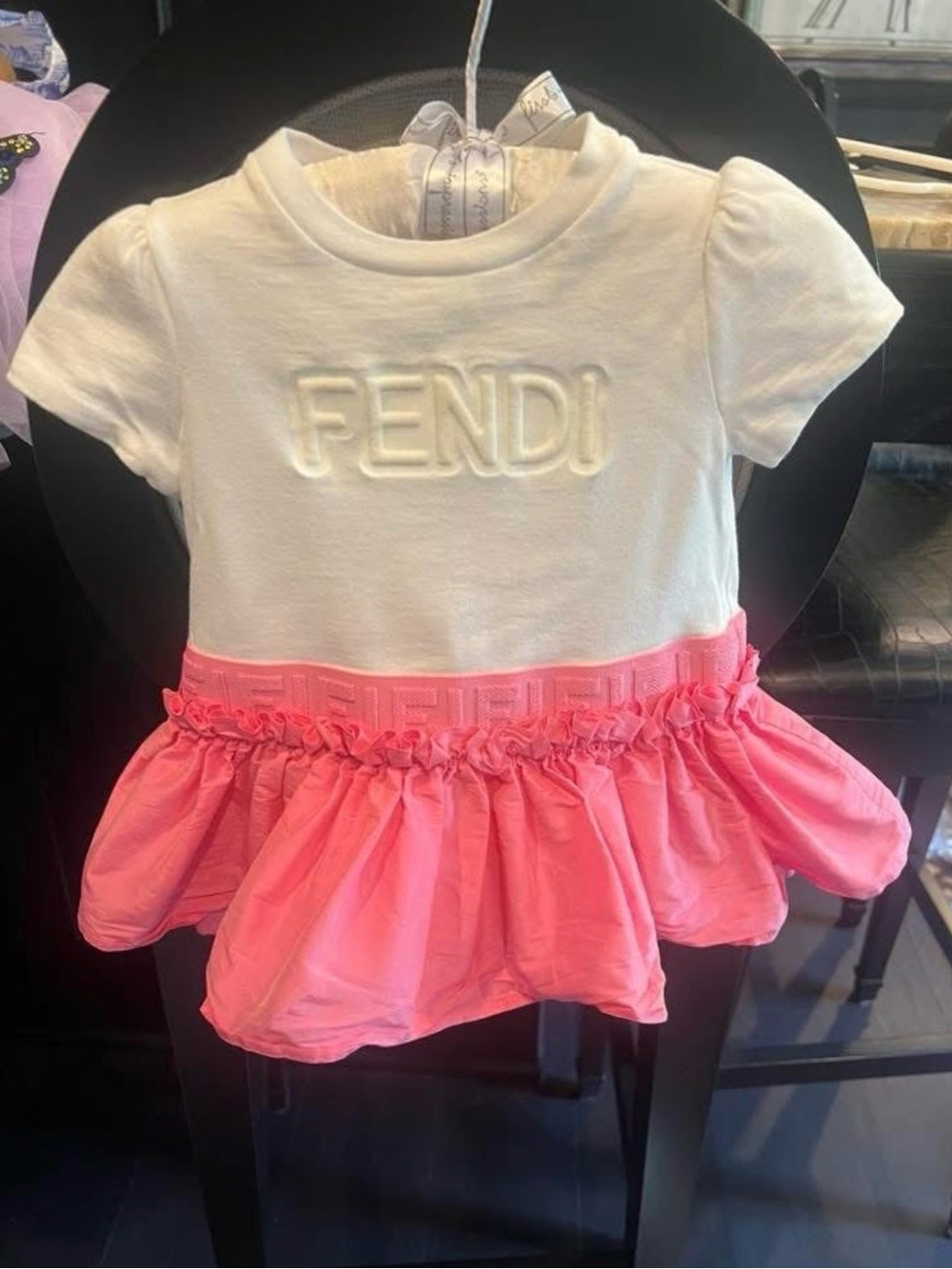 Fendi White & Pink Peplum Logo Dress